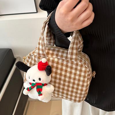 Красная шерстяная клетчатая сумка для женщин, новый стиль, популярная сумка для боулинга, холщовая сумка через плечо, сумка-подушка