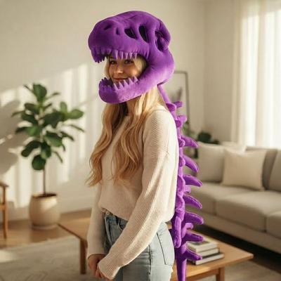 Plush Dinosaur Skeleton Mask – T-Rex Skull Headpiece with Spine & Tail, Novelty Wearable Toy for Halloween, Concerts