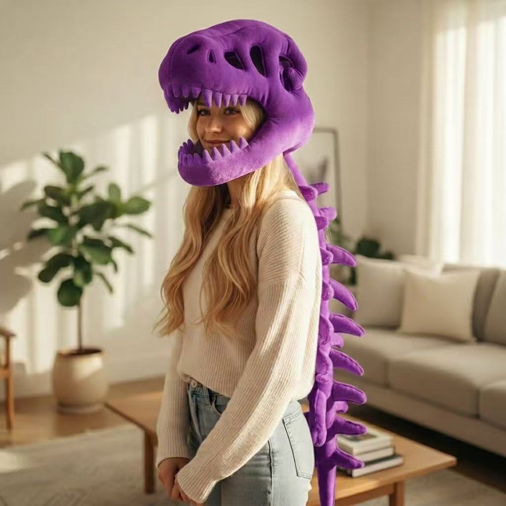 Plush Dinosaur Skeleton Mask – T-Rex Skull Headpiece with Spine & Tail, Novelty Wearable Toy for Halloween, Concerts