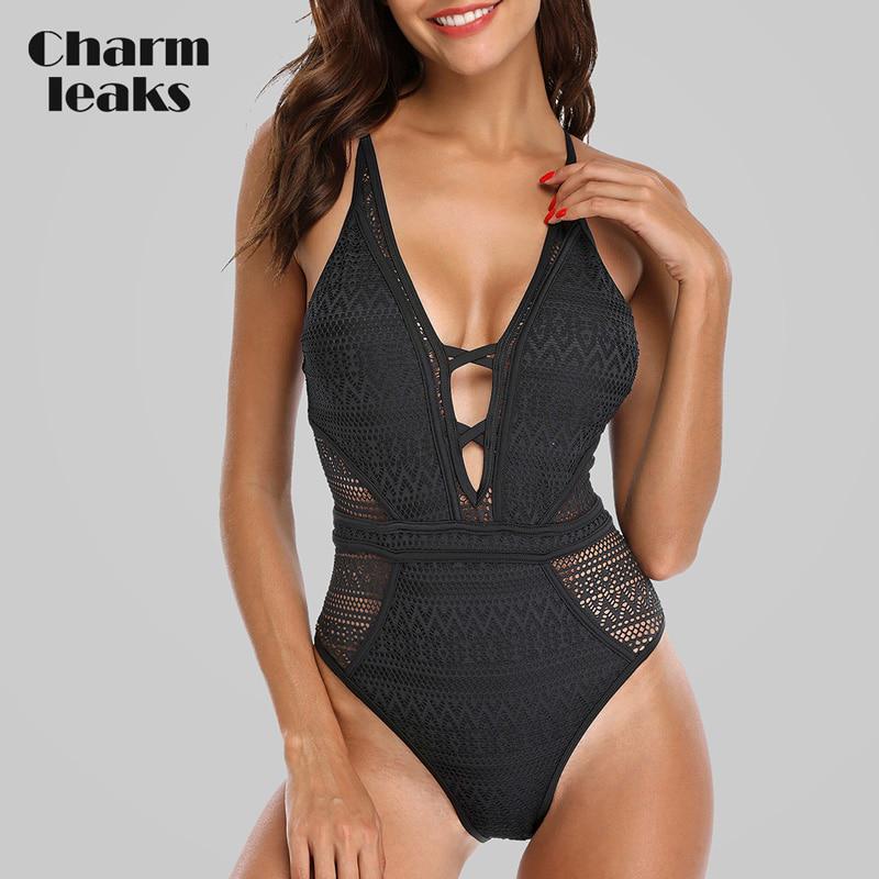CHARMLEAKS Women One Piece Swimsuit Mesh Swimwear Deep V Swimwear Bandage Sexy Monokini Bathing Suit