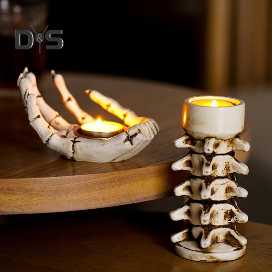 Halloween Candle Holder Resin Skeleton Hand Skull Backbone Candlestick Stand Tealight Holder Home Gothic Decor Spooky Party Supplies