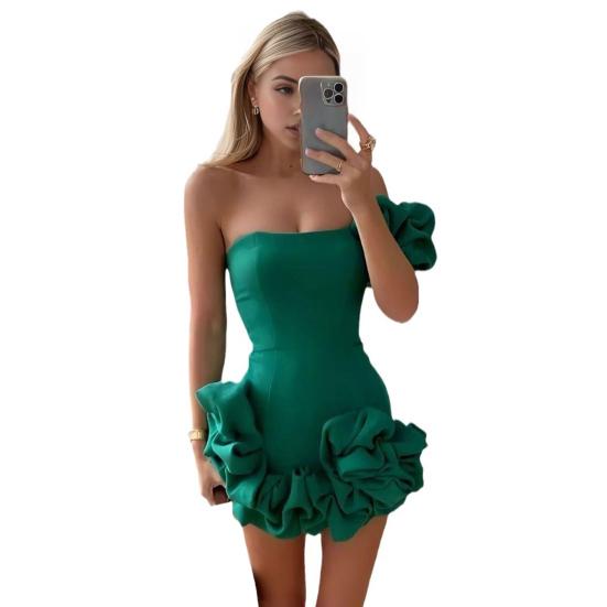 Women Evening Dress One Shoulder Ruffle Flower Decor Slim Waist Sheath Sleeveless Pure Color Backless Bandeau Mini Dress Prom Party Short Dress