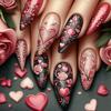24 шт. Романтические розовые цветочные лозы Сердце Накладные ногти День Святого Валентина Розы Черные Миндальные Накладные ногти для Женщин Нажимные Ins Ногтевой Дизайн