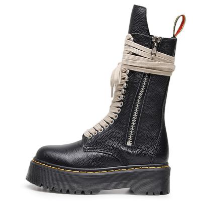 Верхний слой толстая подошва дыра локомотивные ботинки женские боковая молния узор личи длинные сапоги кожа маффин подошва длинный язычок