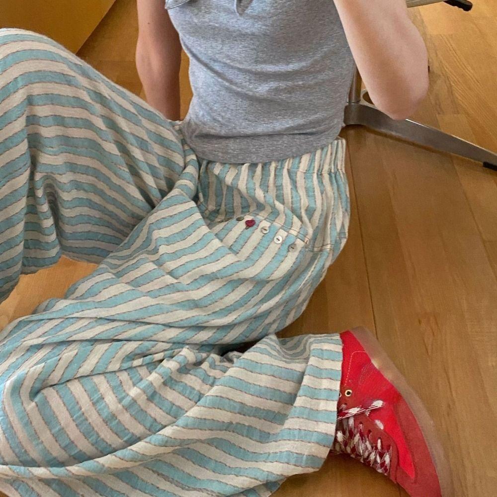 High Waist Wide Leg Pants Chic Straight Leg Pants Fashion Casual Stripe Long Pants Girls