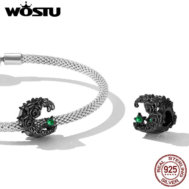WOSTU 925 Sterling Silver Moonlight Rose & Skull Heart-shaped Rose & Letter A Charms Beads for Women DIY Original Bracelet Necklace Fashion Jewelry
