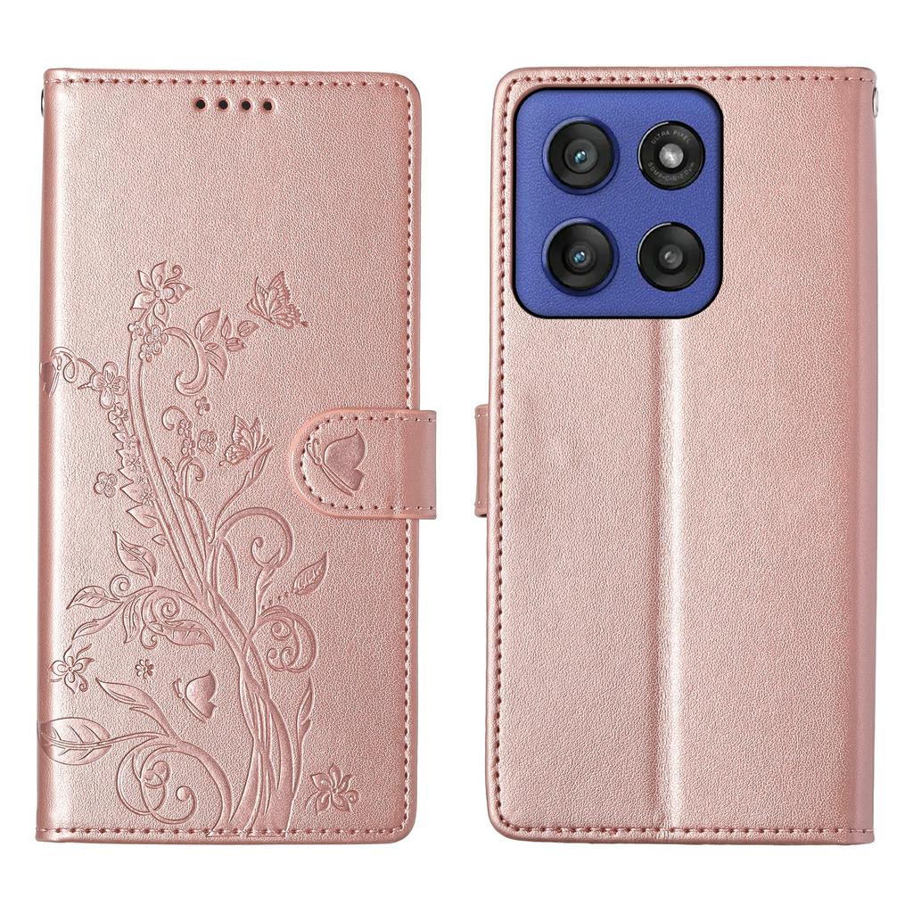 For Motorola Moto G56 5G Wallet Case Butterfly Floral Imprint PU Leather Phone Cover with Wrist Strap