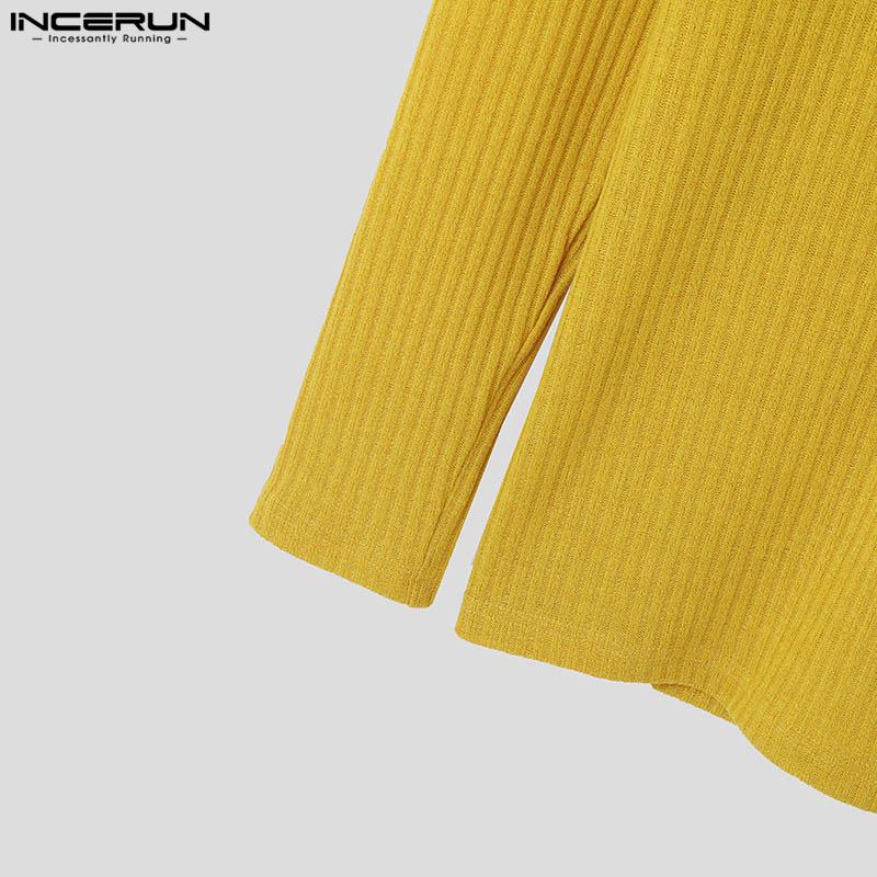 INCERUN Men V Necl Solid Color Long Sleeve Knitted Tops Muscle Fitted Pullovers