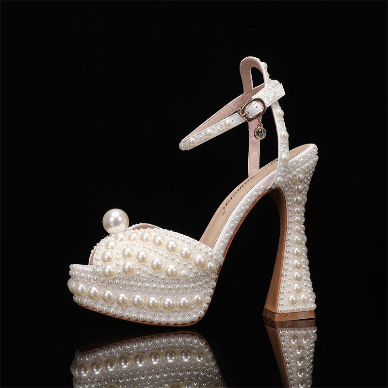 Fashion Summer Beaded Thick Heeled Women Gladiator Sandals Luxury Pearls Platform Wedges 14cm High Heels Fashion Wedding Banquet Shoes