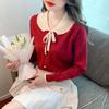 Fashion Sweet Peter Pan Collar Knitted Shirt for Women Autumn and Winter Slim Long Sleeve Women's Blouse Vintage Solid Bow Tie Ladies Tops 24742