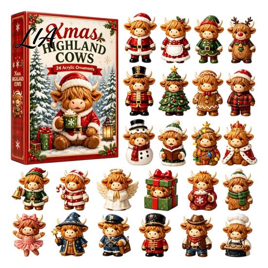 Farmhouse Style Seasonal Decor Christmas Highland Cow Advent Calendar, 24 Cute 3D Collectible Mini Thanksgiving Keepsake Gifts Figures, Holiday