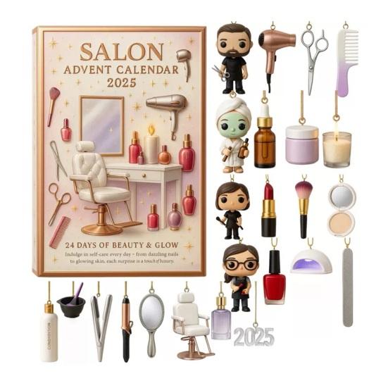 Salon Advent Calendar 2025 24 Days Acrylic Ornament Box with Beauty Themed Surprises Christmas Countdown Decor for Makeup Lovers & Holiday Fun