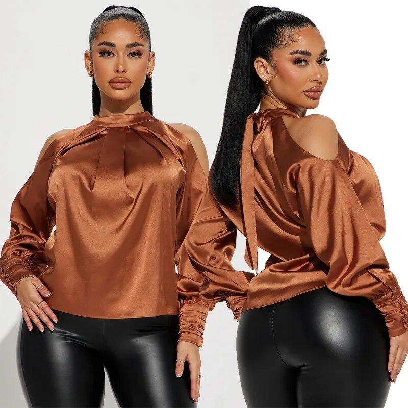 Spring Women Casual Loose Fashion Shirt Satin Shirt Autumn Commuter Hollow Long Sleeve Top Office Ladies Loose Tops Blusas 30473