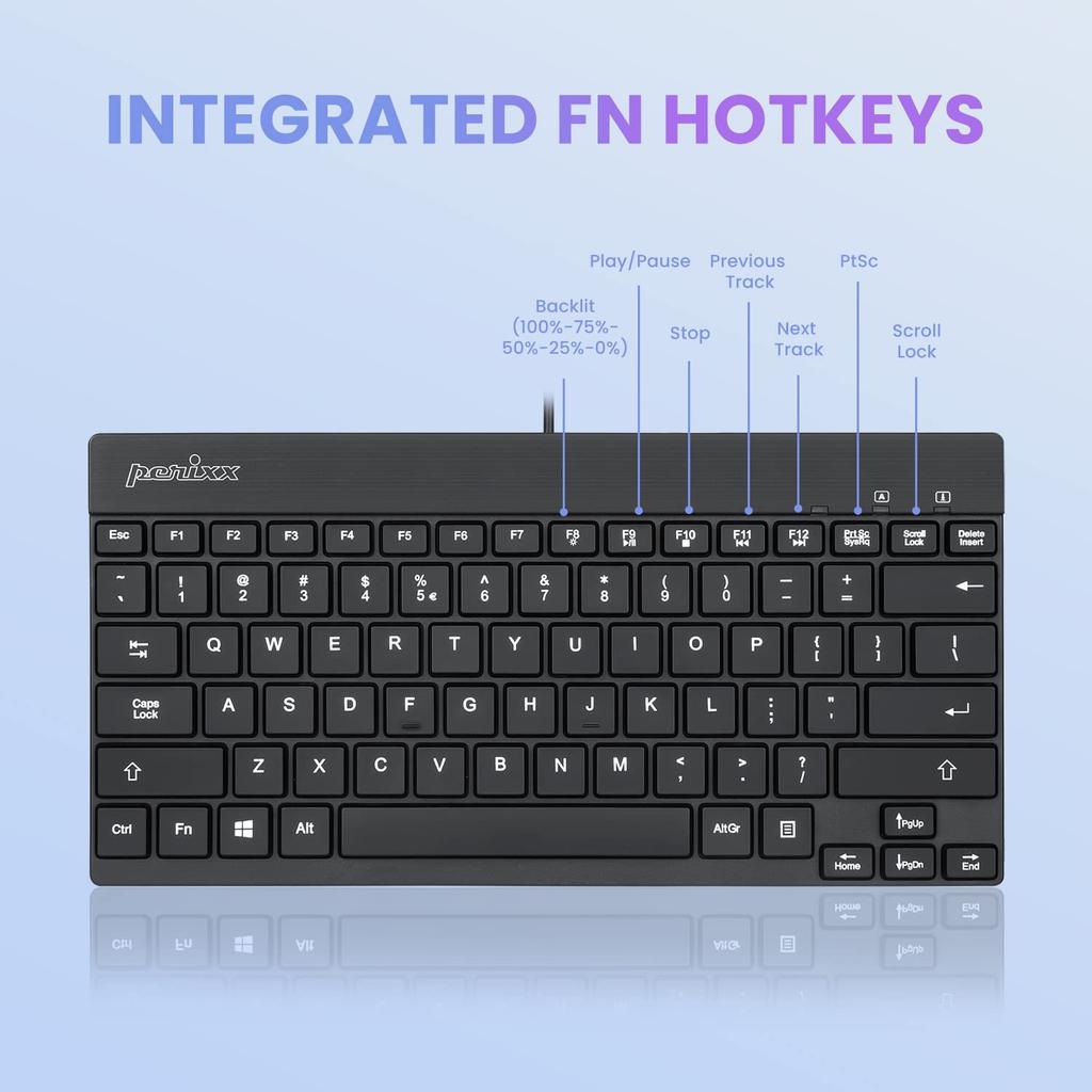 Perixx Backlit Membrane Space Saving PERIBOARD-326US Keyboard, Wired, Compact, USB, Small, Tenkeyless, Keys, [Official Warranty] (English Layout,