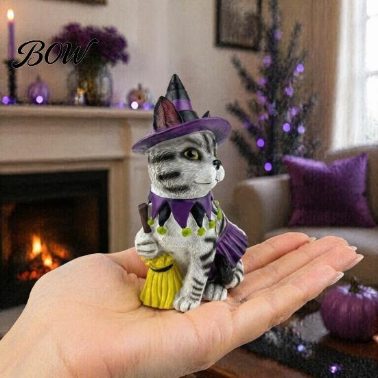 Halloween Atmosphere Table Centerpiece Ornament, Witch Black Cat Pumpkin Shape, Durable Synthetic Resin Decorative Figurine for Entrance