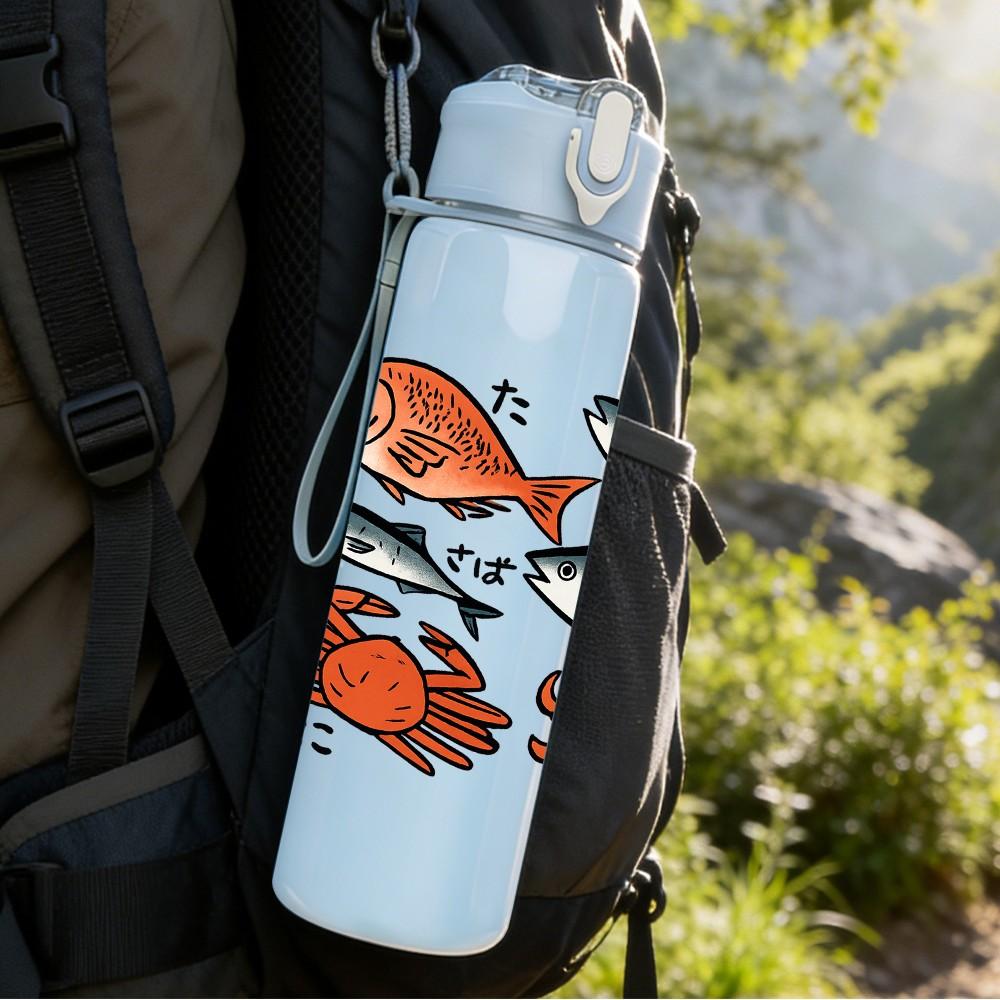 1PC Fish Crab Ocean Animal Pattern 750ml Color Plastic Sports Water Bottle Leakproof Flip Straw Lid Suitable for Sports Office Home Use