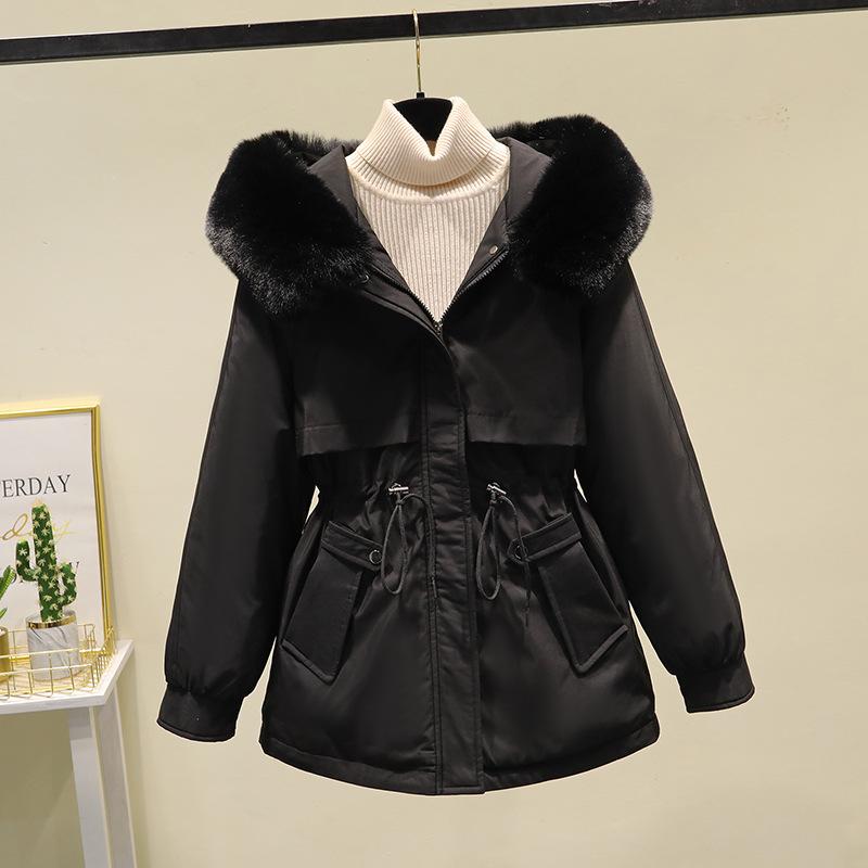 Женская свободная куртка-пирог с большим меховым воротником, зимнее хлопковое пальто с утеплителем для талии