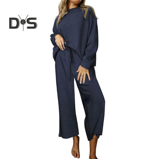 2 шт./комплект женский топ брюки костюм круглый вырез длинный рукав текстурированный однотонный свитшот завязывающийся на резинке талия широкие брюки повседневная спортивная одежда