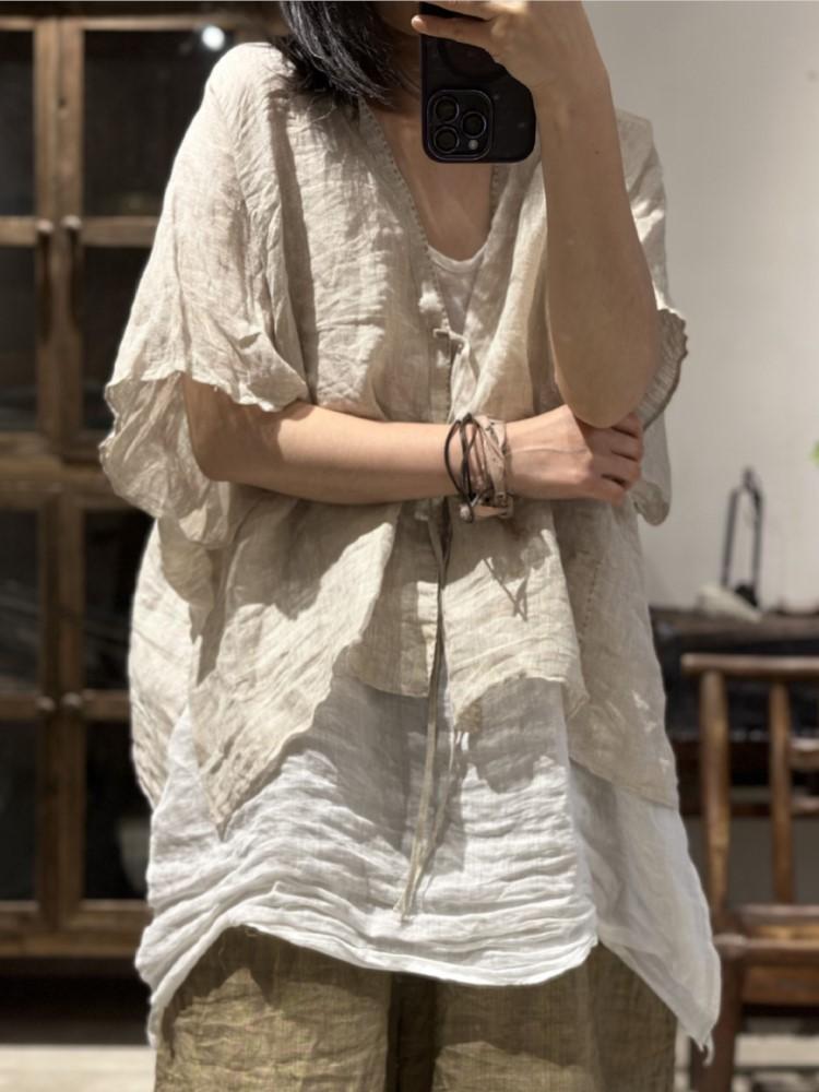 Johnature Женские винтажные льняные летние рубашки, сплошной цвет с поясом, топы в китайском стиле, блузки с короткими рукавами и v-образным вырезом, свободная рубашка