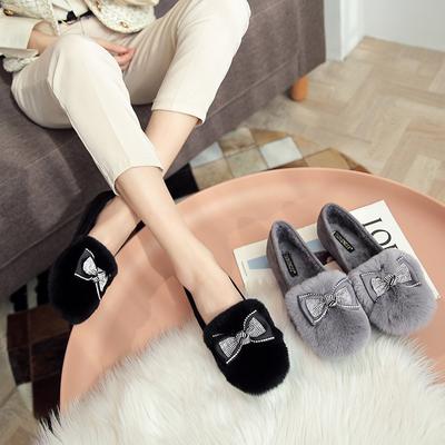 T36 бархатные хлопковые туфли из натурального кроличьего меха, носят пушистые туфли на улице, женские туфли на толстой подошве с бантами и одним ремешком