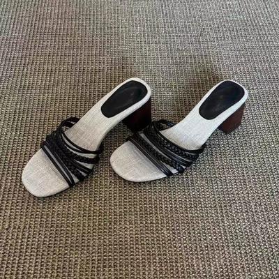 Модные Новые Уличные Слингбэки на Низком Каблуке-Рюмочке Женские Ретро Плетеные Слипперы на Одном Ремне Женские Повседневные Слипперы с Открытым Носком Пляжные Слипперы для Платья Женские