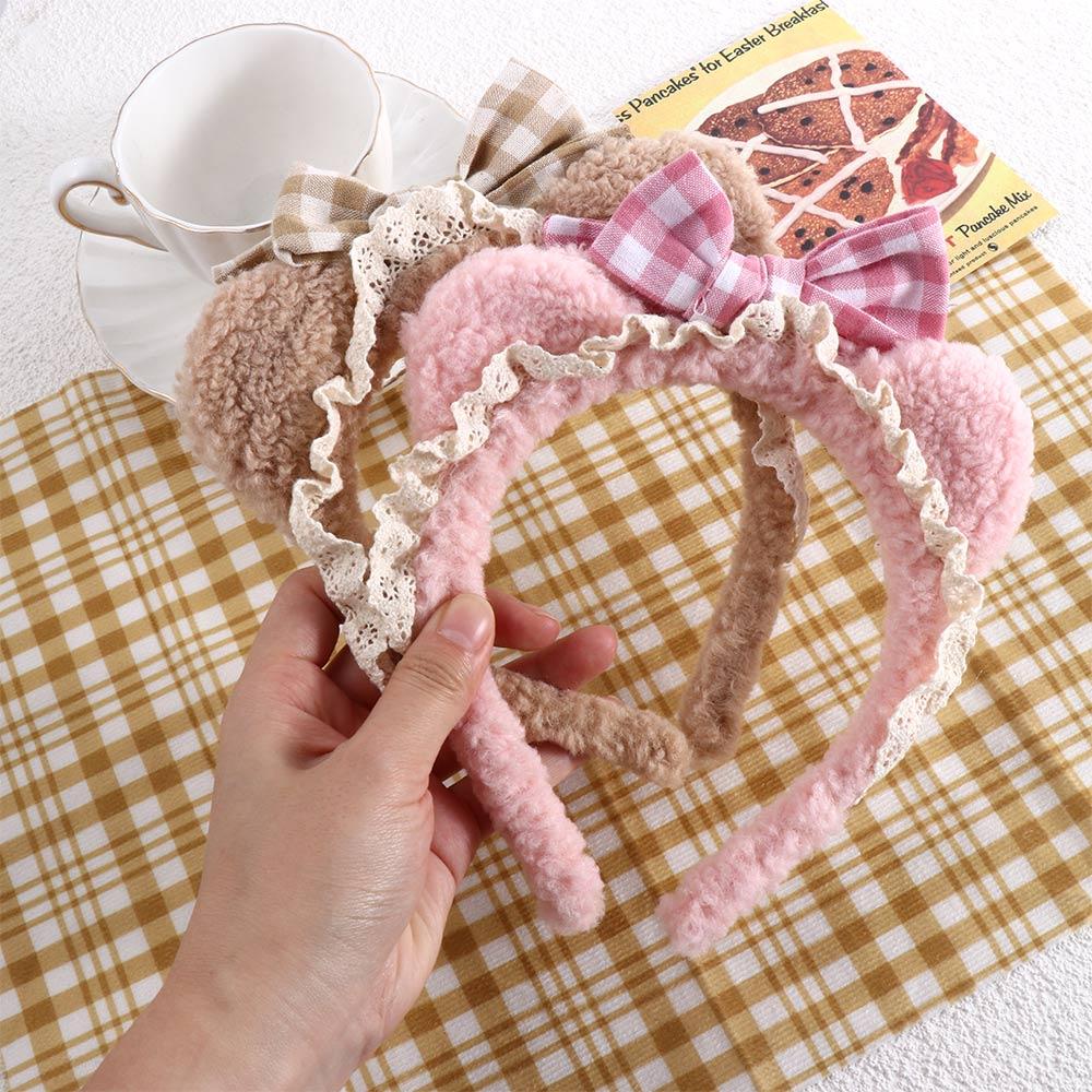 Plush Headdress Wash Face Plaid Bow Women Accessories Korea Style Headband Cat Ears Lace Hair Band