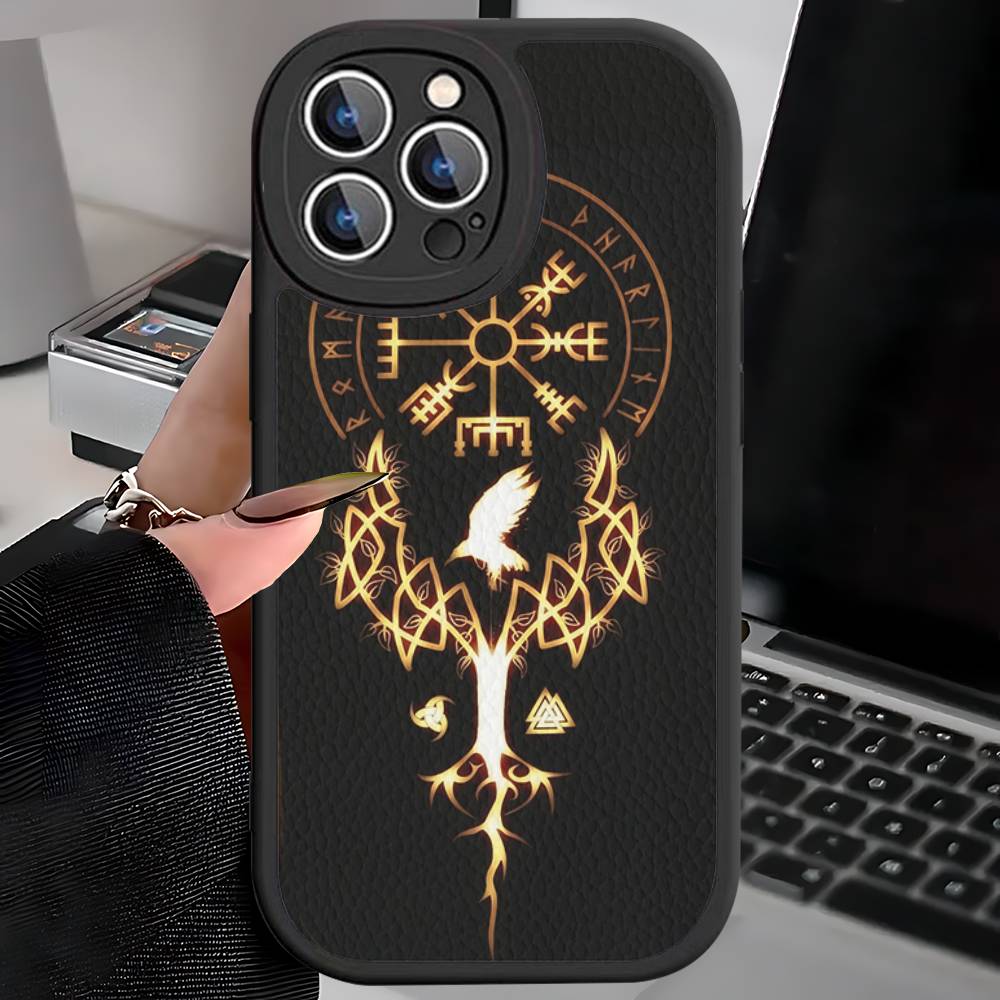V-Логотип Викинга V-Вегвизир Для IPhone 16 15 14 13 12 11 Pro Max Plus Кожаный Чехол для Телефона