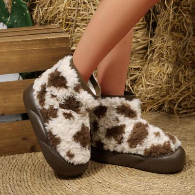 Теплые короткие плюшевые милые ботинки-дутики на толстой подошве женские 2025 зимние смешанной расцветки леопардовые ботильоны на платформе брендовые пушистые меховые туфли