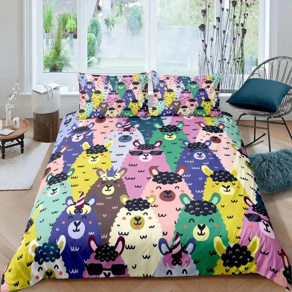 Cute Cartoon Alpaca Llama Cactus Print Duvet Cover Set Full Size, Alpaca Bedding Set Botanical Animal Comforter Cover,Multicolor
