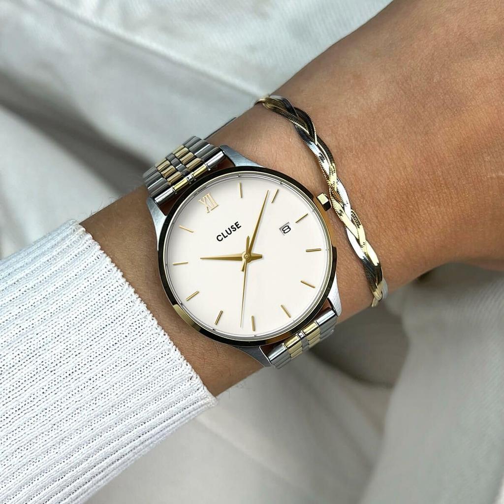 Authorized Dealer Cluse Watch CW14302 Minuit Date White Silver Gold Stainless Steel Strap [CLUSE] Women's