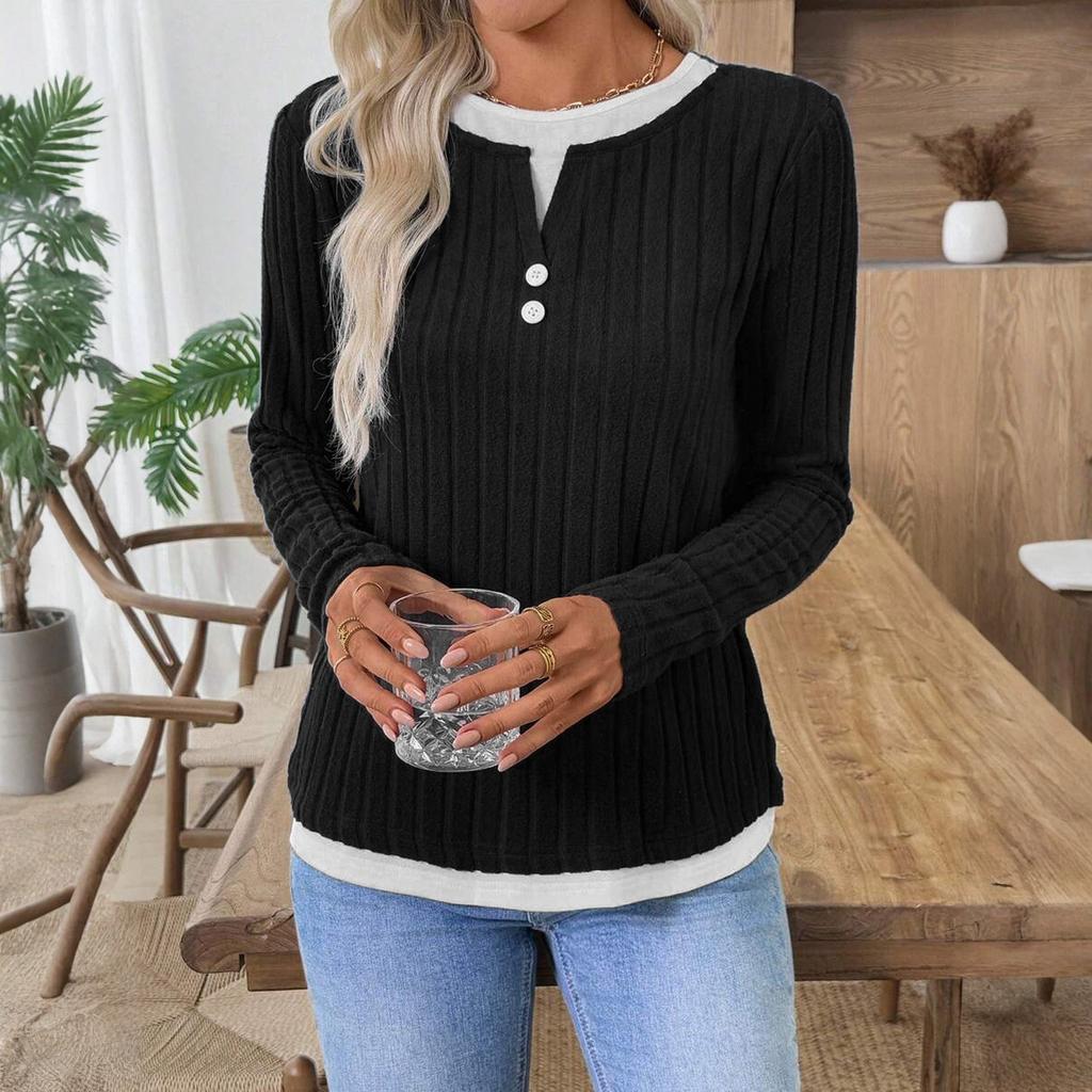 Женская модная однотонная футболка с длинным рукавом, круглым вырезом, имитацией двух частей, повседневный пуловер, топ