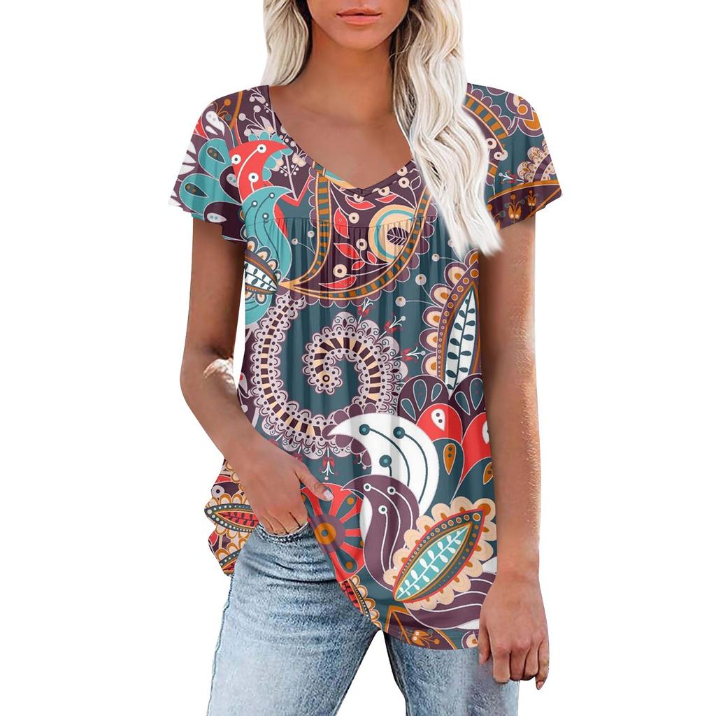 Women's Tunic Tops Elegant Casual Summer Short Sleeve Shirts Floral Loose Pleated Bohemian Tops
