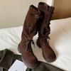 Модные высокие сапоги женские зимние дизайнерские туфли на плоской подошве шнуровка модные сапоги до колена 2025 новые уютные для платья готические челси ботильоны женские