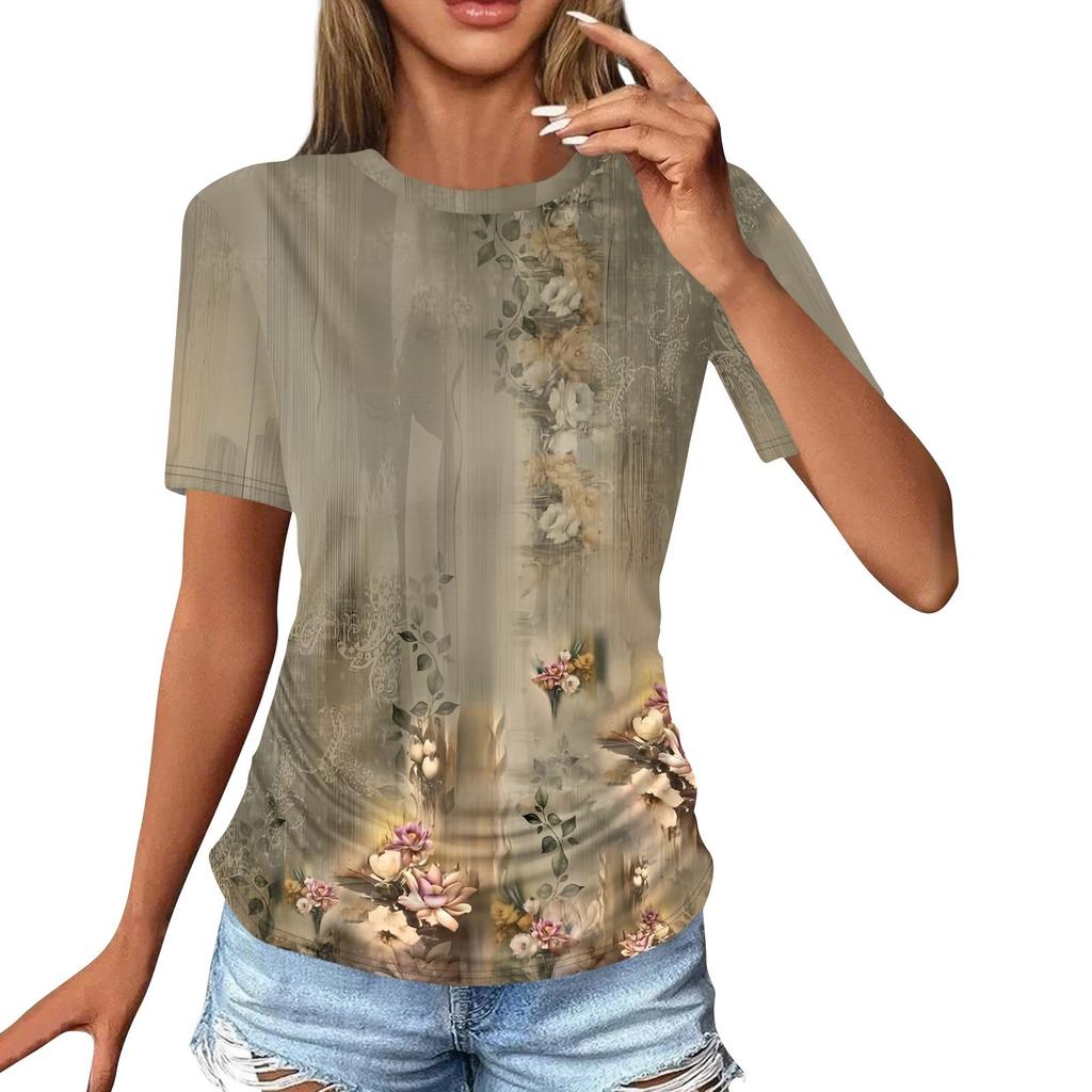 Women's T Shirts Fashion Casual Tops Round Neck Short Sleeve Printed Tunic