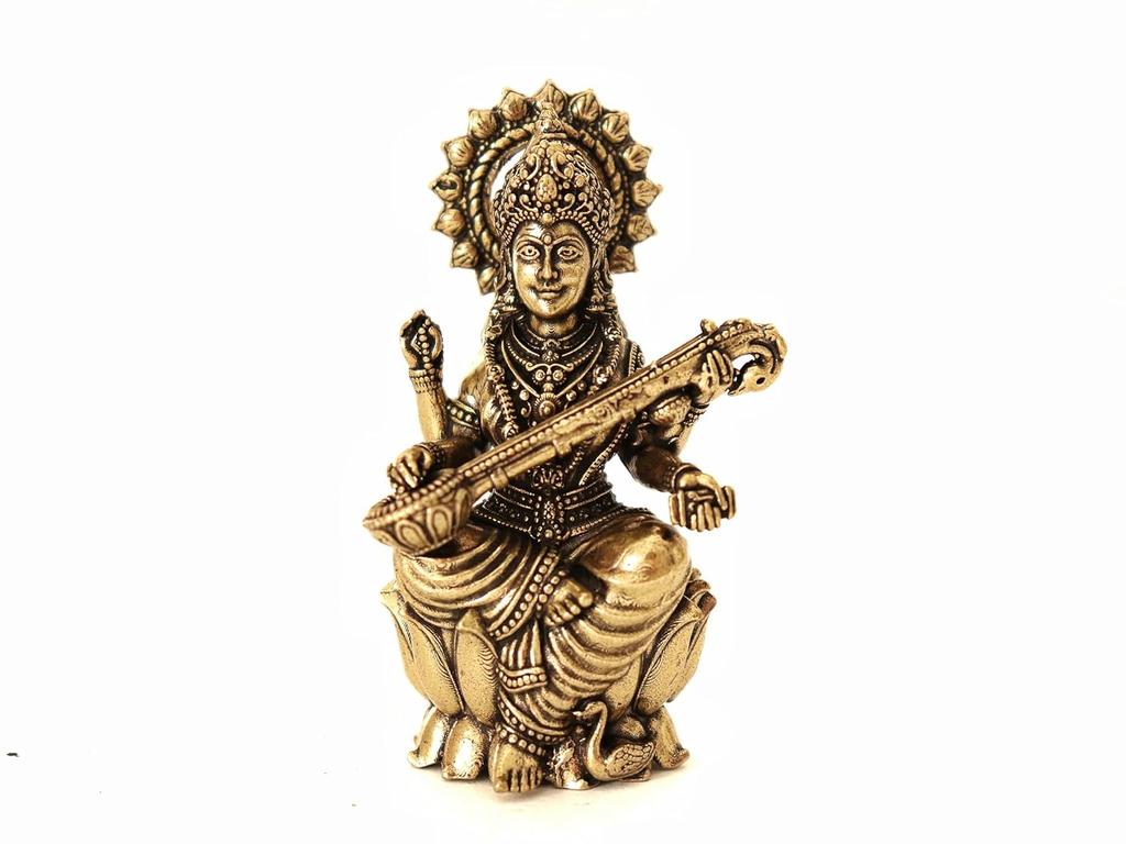 Original Brass Saraswati Maa Murti, Goddess Saraswati Idol, Gold, Size - Small