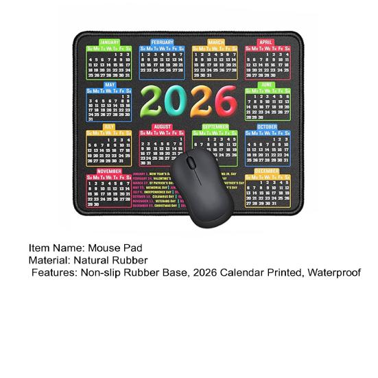 Календарь 2026 года Коврик для мыши с нескользящей резиновой основой Прошитый край Прямоугольный Водонепроницаемый Домашний Офисный Игровой Компьютер Ноутбук Коврик для мыши Настольный коврик