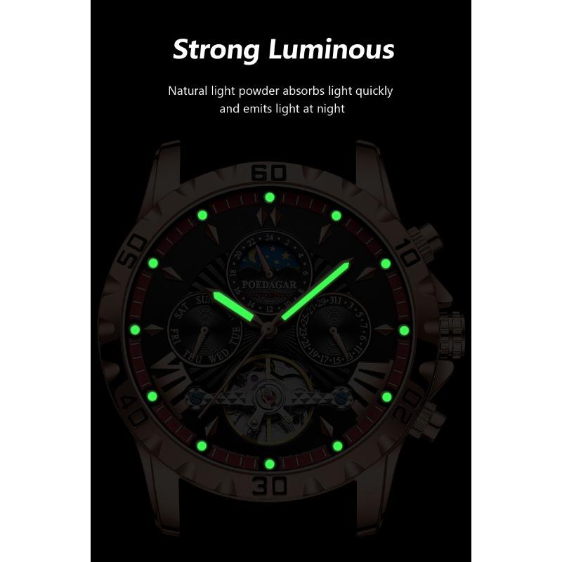 POEDAGAR Tourbillon Automatic Mechanical Wristwatch Waterproof Luminous Date Week Leather Men Watch Luxury Fashion Watches