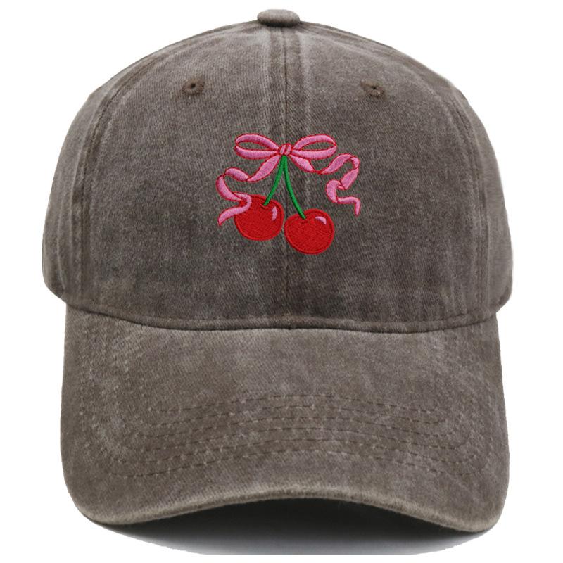 Vintage Washed Cherry Bow Embroidery Baseball Cap Unisex Adjustable Curved Brim Dad Hat Cute Fruit Women Casual Outdoor Sun Hat