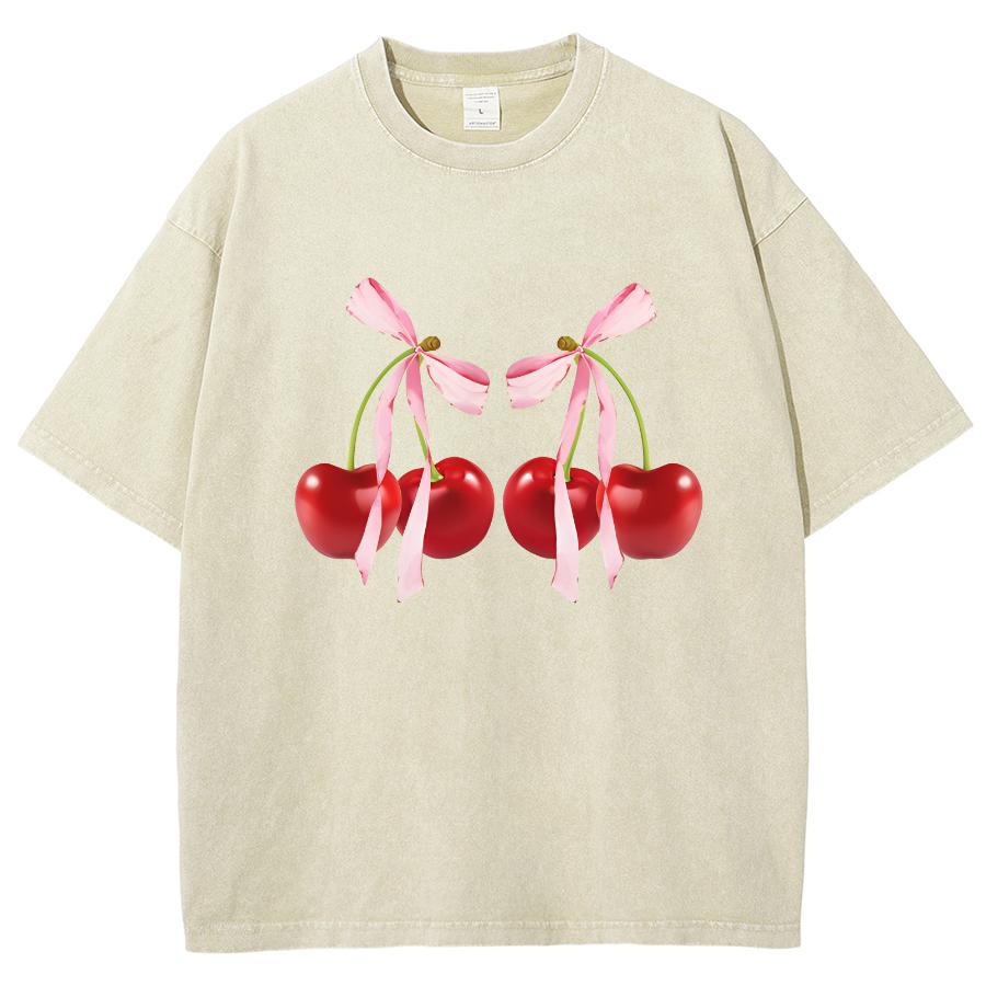 Футболка женская Sweet Girl Cute Wind Cherry Bow Print с круглым вырезом и коротким рукавом, летняя