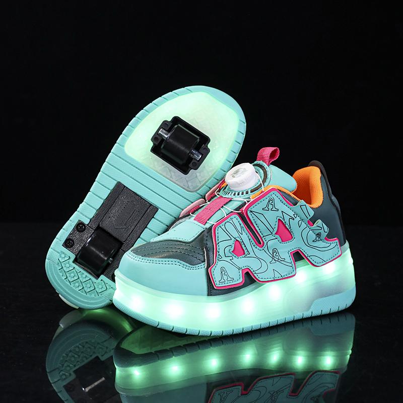 Новые кожаные вращающиеся кнопки свет вспышка обувь мальчики обувь девушки студенты спорт можно получить катание на роликах роликовые коньки обувь