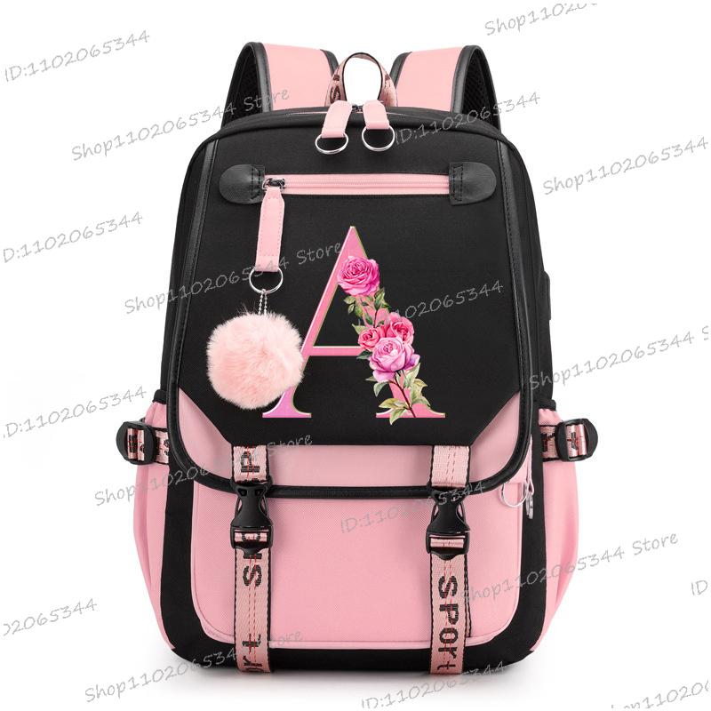 Подростковые рюкзаки Black Pink 26 инициалов Цветок Алфавит от А до Я Большая вместимость Харадзюку Мода Молния Эстетичный Школьная сумка для студентов