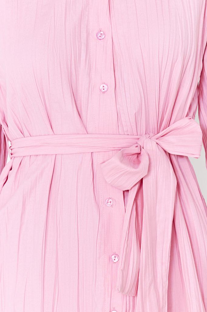 Women's Fashion New Dress Green Belted Fabric Textured Mini Woven Shirt Dress