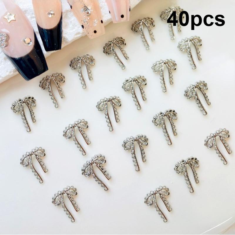 40pcs New 3D Silver/Gold/Grey Metal Lace Openwork Nail Bowtie Decoration DIY Bows Nail Art Charm Ribbon Nail Accessories Ins