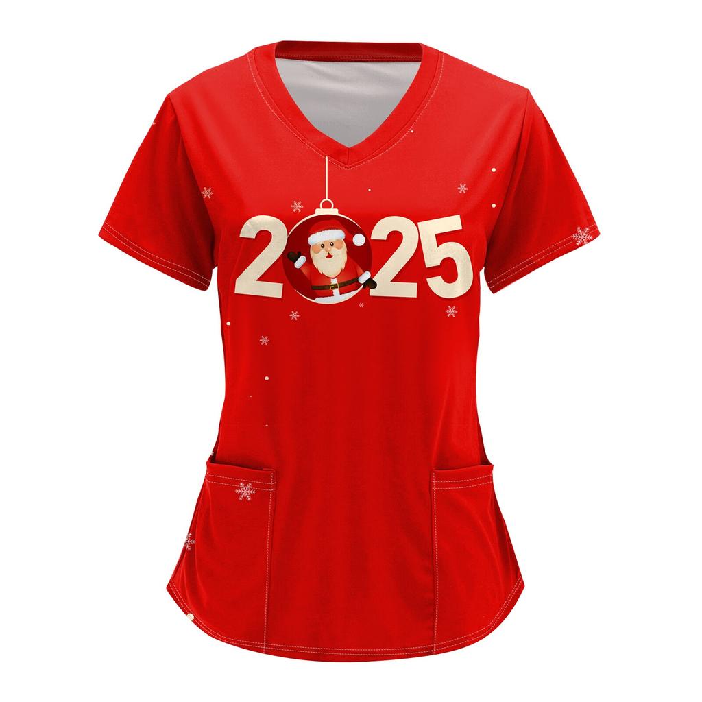 Women's Fashion V-neck Short-sleeved Overalls With Pockets 2025  Christmas Print Top