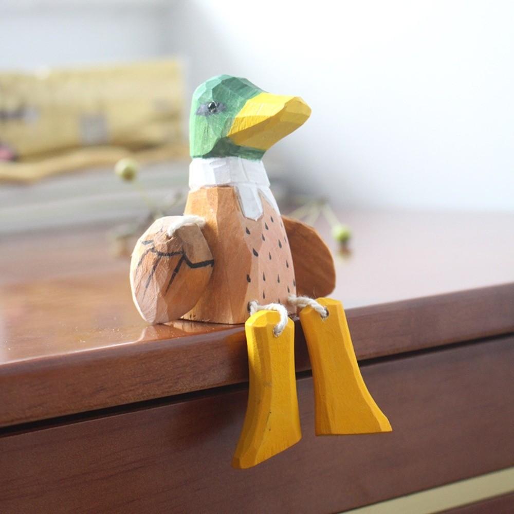 Mini Wooden Duck Figure Cute Desktop Ornament Funny Green-headed Duck Statue Home Office Decor