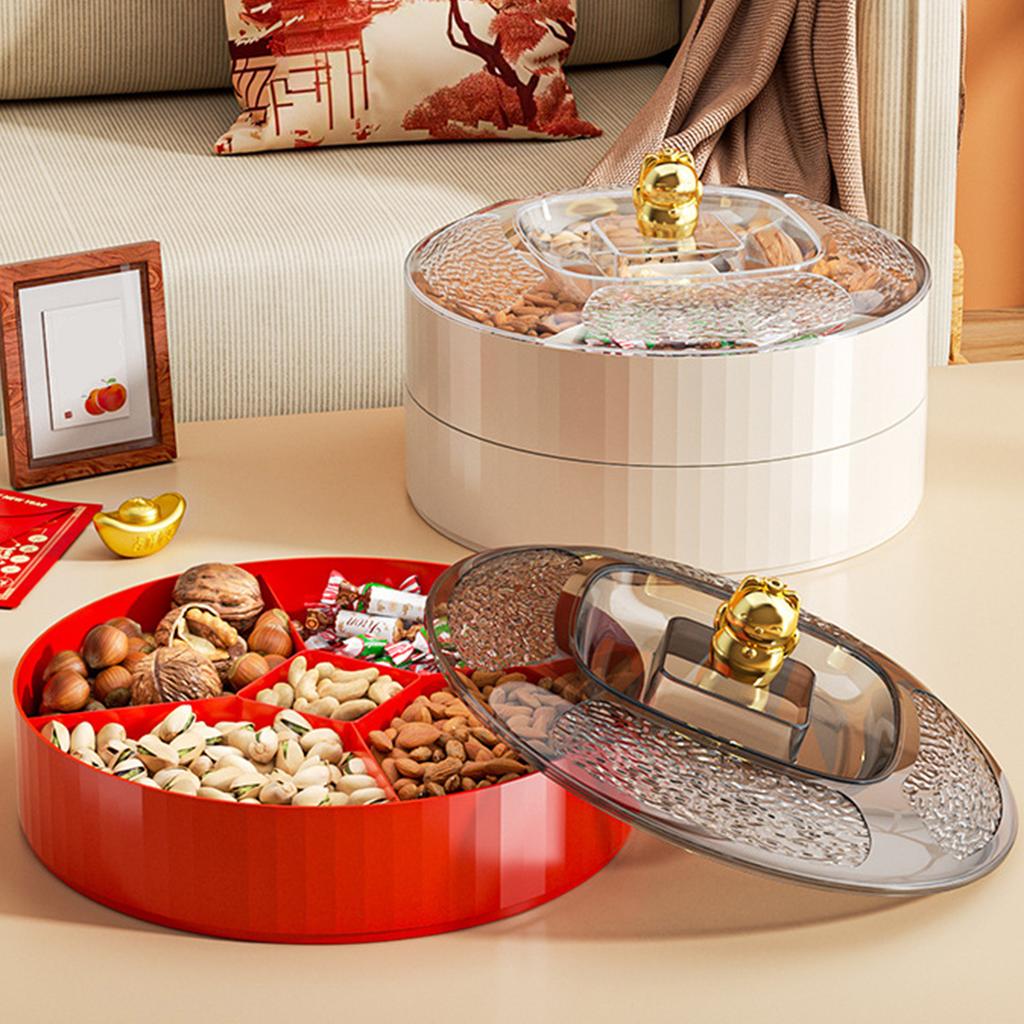 9,45-дюймовая двухслойная коробка для закусок, новогодний лоток для хранения фруктов, конфет, орехов, креативная крышка с рисунком счастливого кота, украшение для стола, фруктовая тарелка 2025