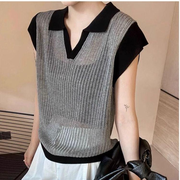 Модная футболка с коротким рукавом и лацканами в стиле колор-блок для женщин, летний новый стиль, элегантный и стройнящий вязаный топ