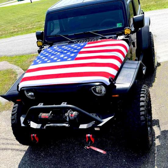 American Flag Car Hood Cover 63 X 47 Inch Stretchable Polyester Spandex Fabric Fits Most Cars Trucks SUVs with Small Decorative Flags Secure Clips