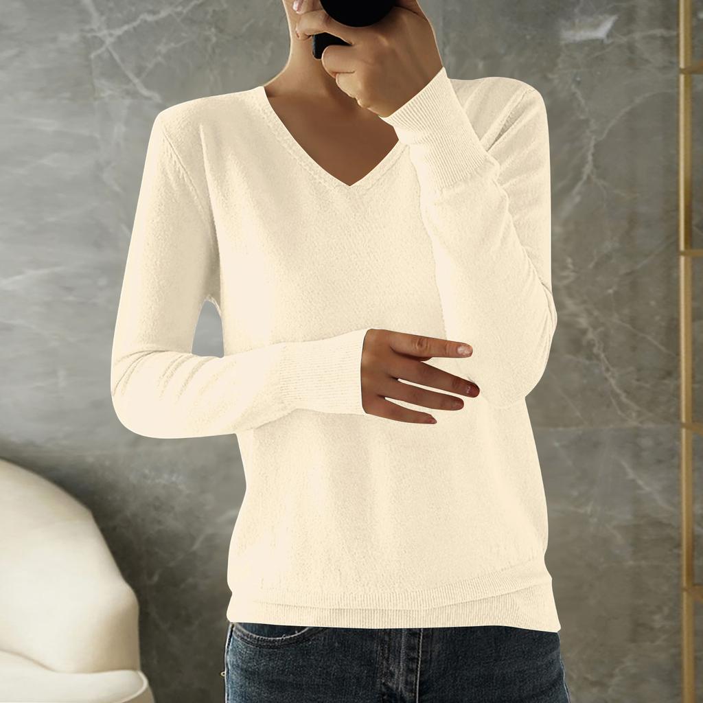 Women's Fashion Loose Knit Sweater Bottom Shirt V-Neck Pullover Long Sleeve Solid Color Top