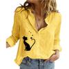 Women Fashion Cat Print Cotton Linen Shirt Ladies Lapel Collar Buttoned Top Spring Summer Fall Casual Loose Long Sleeve Blouses